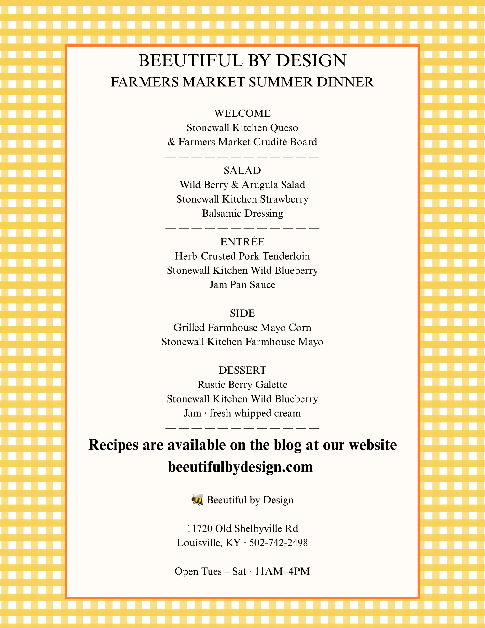 Beeutiful by Design Farmers Market Summer Dinner menu