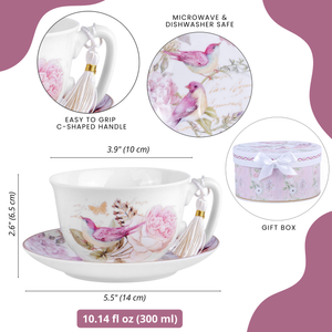 Vintage Style Birds Porcelain Cup and Saucer Set in Gift Box